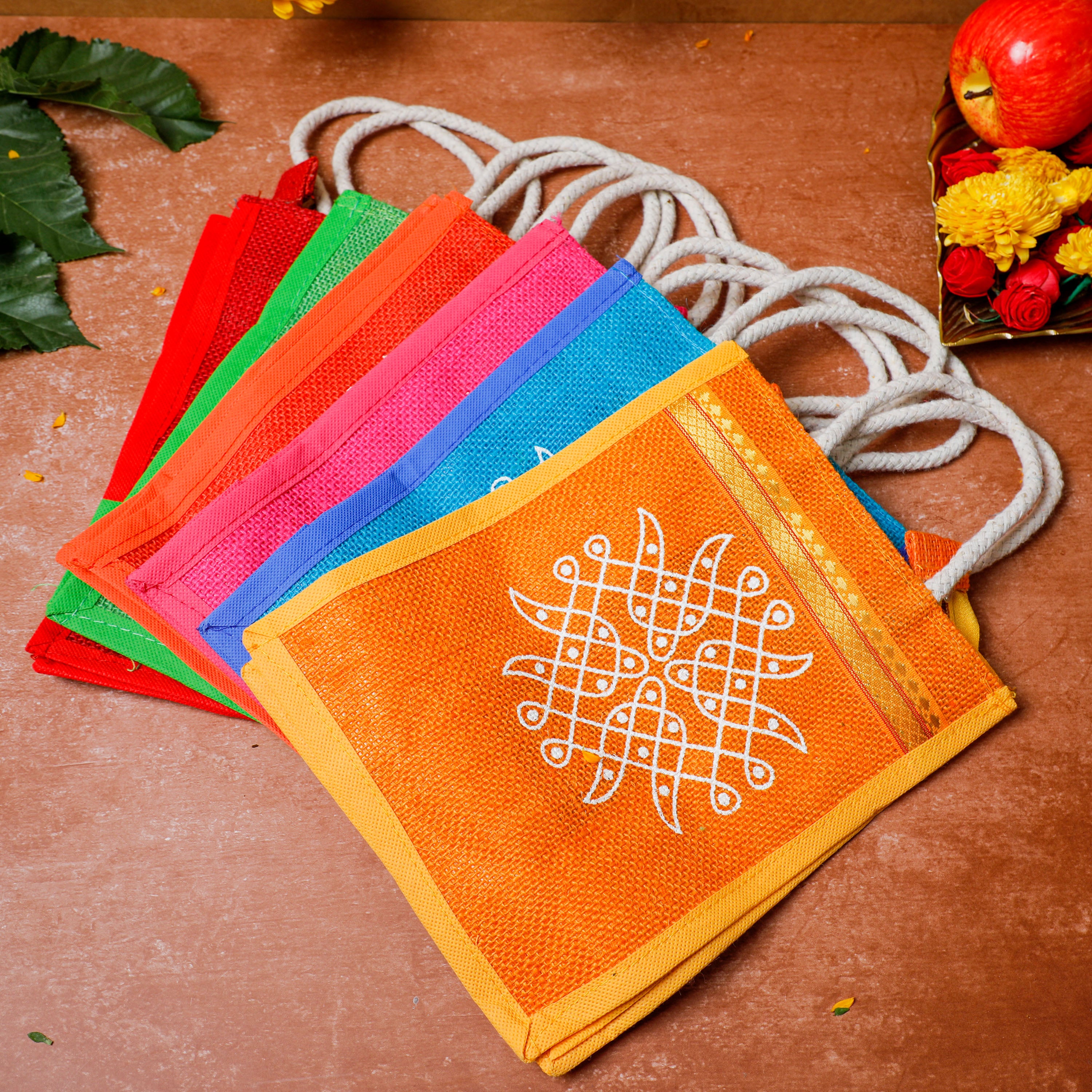 Multicolor Jute Bags with Contrast Kolam Art